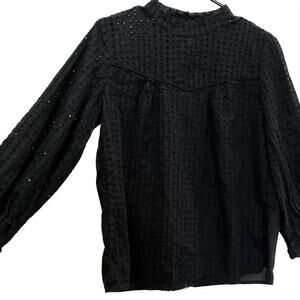 Banana Republic Blouse, Black, Cotton Eyelet, Mock Neck Long Sleeve Boho Top